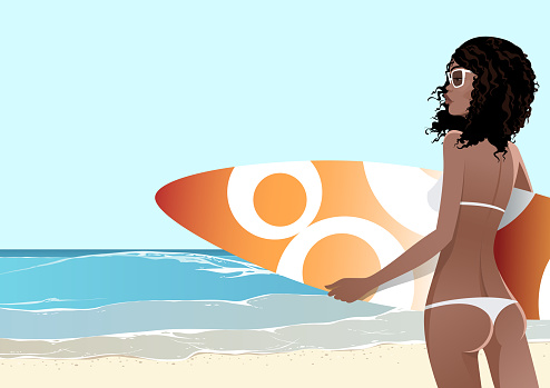 Afro girl in white bikini and sunglasses holding surfboard