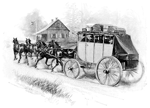 Stagecoach in Philadelphia, Pennsylvania, USA (circa late 18th century). Vintage etching circa late 19th century. President’s House was demolished in 1951.