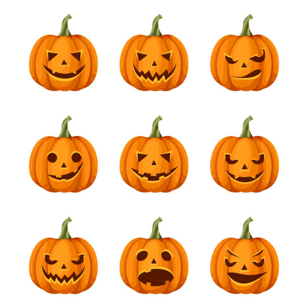 Set of jack-o'-lanterns (Halloween pumpkins). Vector eps-10. Vector set of nine jack-o'-lanterns (Halloween pumpkins) isolated on a white background. halloween pumpkin decorations stock illustrations