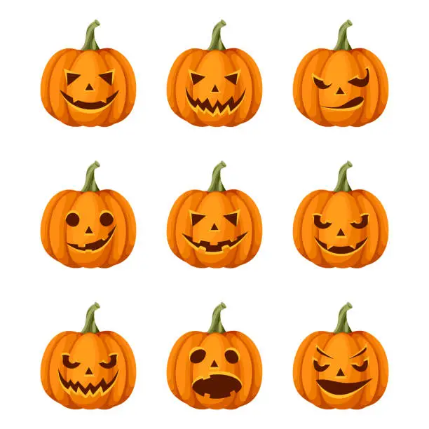 Vector illustration of Set of jack-o'-lanterns (Halloween pumpkins). Vector eps-10.