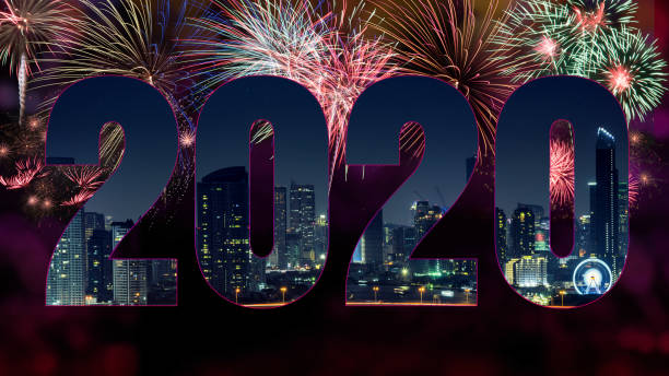 istock Happy new year 2020 with fireworks on dark background 1167418439