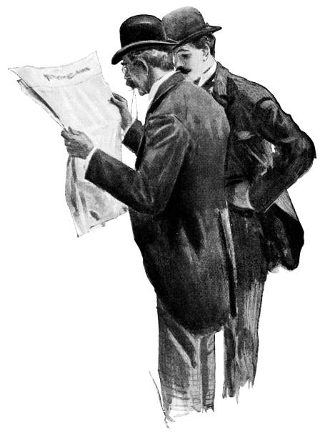Portrait of two men in Victorian fashion reading a newspaper. Vintage etching circa late 19th century.