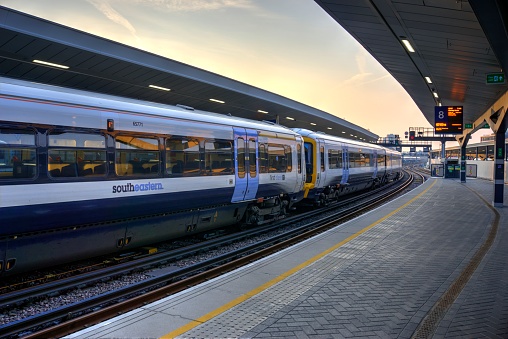 London, United Kingdom - April 15, 2019: Southeastern train waiting at platform at London Bridge station London United Kingdom indicating first class accommywodation
