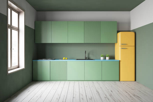 istock Green kitchen interior with countertops and fridge 1167421363