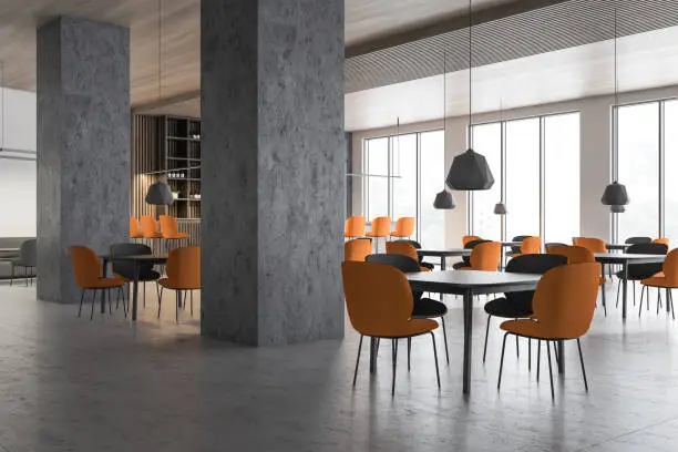 Interior of modern cafe with white and wooden walls, concrete floor, large windows, square tables with orange chairs and bar in background. 3d rendering