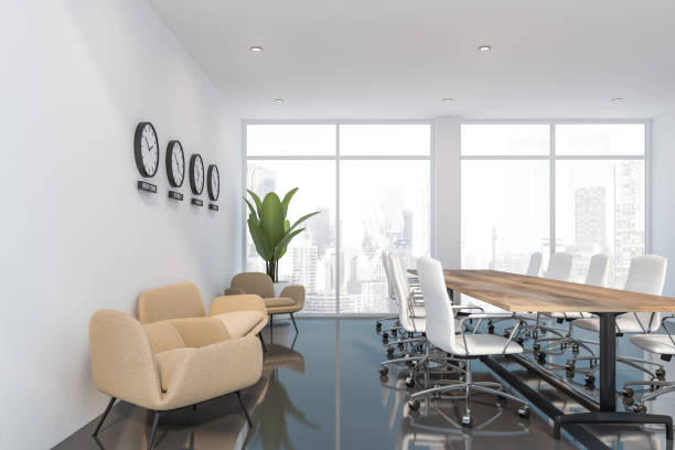 istock White meeting room interior with lounge area 1167421467