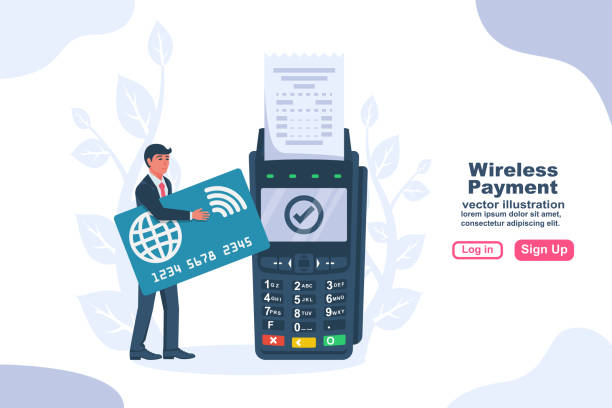 NFC concept. Landing page contactless payment. Vector flat NFC concept. Landing page contactless payment. Non-cash payment transactions. Pos terminal and a businessman with a bank card. Financial transactions payment system. Vector illustration flat design. wages illustrations stock illustrations