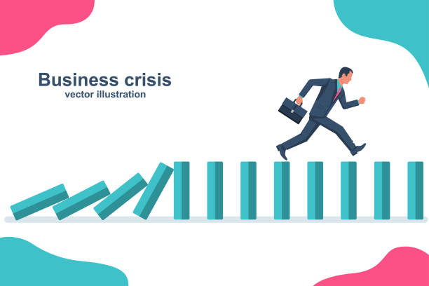 kryzys biznesowy. biznesmen spływa spadające domino. efekt domina - domino despair finance debt stock illustrations