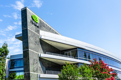 August 9, 2019 Santa Clara / CA / USA - One of the Nvidia office buildings located in the Company's campus in Silicon Valley; the NVIDIA logo and symbol displayed on the facade