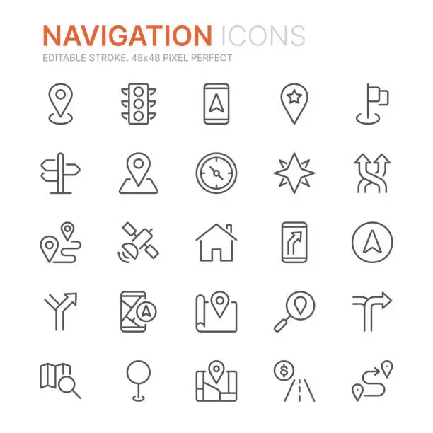 Vector illustration of Collection of navigation related line icons. 48x48 Pixel Perfect. Editable stroke