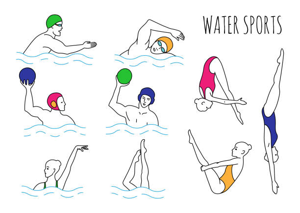 Water sportsmen Water sport set. Illustration waterpolo players, divers, synchro-swimmers. EPS 10 vector collection isolated on white. competition group stock illustrations