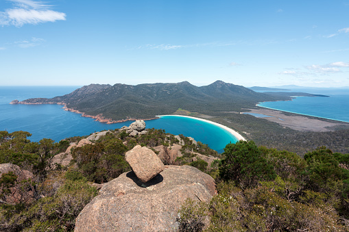 Panoramic view of the Freycinet Peninsula from Mount Amos Lookout in Tasmania, Australia
