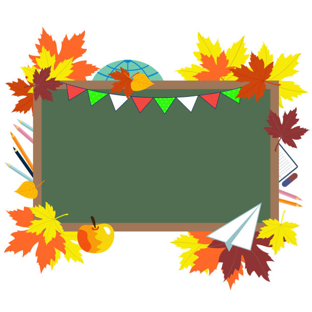 ilustrações de stock, clip art, desenhos animados e ícones de green chalkboard, school supplies and autumn leaves. - blackboard back to school green picture frame