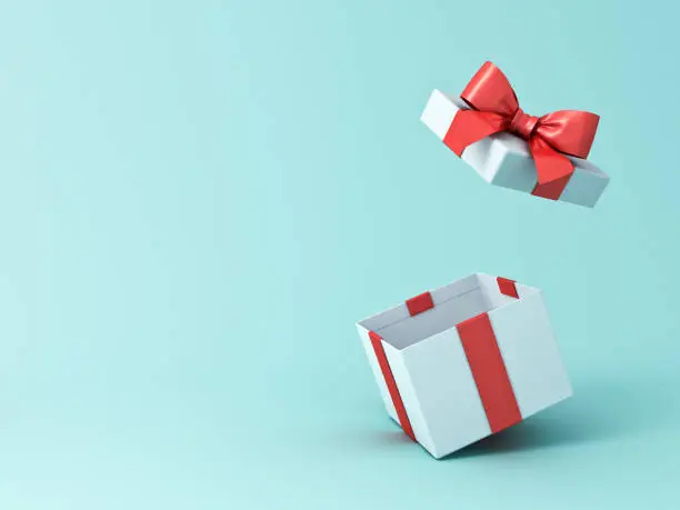 Open gift box or present box with red ribbon and bow isolated on green blue pastel color background with shadow 3D rendering