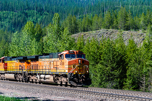 A BNSF locomotive near Whitefish, Montana. Burlington Northern Santa Fe is a major railway operator and part of Warren Buffett's Berkshire Hathaway.