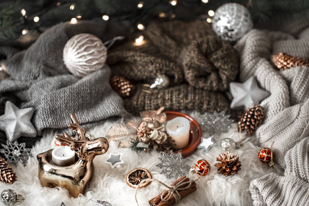 istock Christmas background. knitted sweater and christmas decoration on a light background, top view. Still life 1167433041