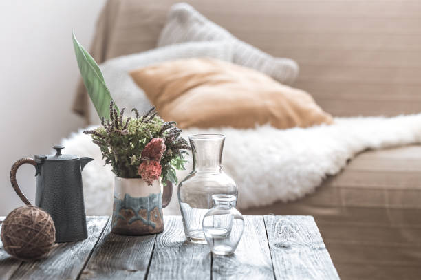 istock Home interior with decorative items on a wooden table. 1167434769