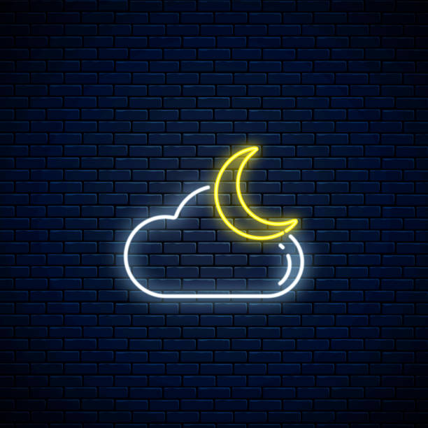 ilustrações de stock, clip art, desenhos animados e ícones de glowing neon cloudy with moon weather icon. cloud symbol with moon in neon style to weather forecast in mobile app - technology mobile phone cloudscape cloud