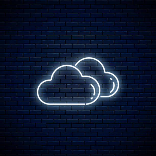 ilustrações de stock, clip art, desenhos animados e ícones de glowing neon cloudy weather icon. two clouds symbol in neon style to weather forecast in mobile application. - technology mobile phone cloudscape cloud