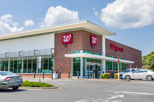 Shelby, NC, USA-9 August 2019:  A Walgreens Pharmacy, building and parking lot.