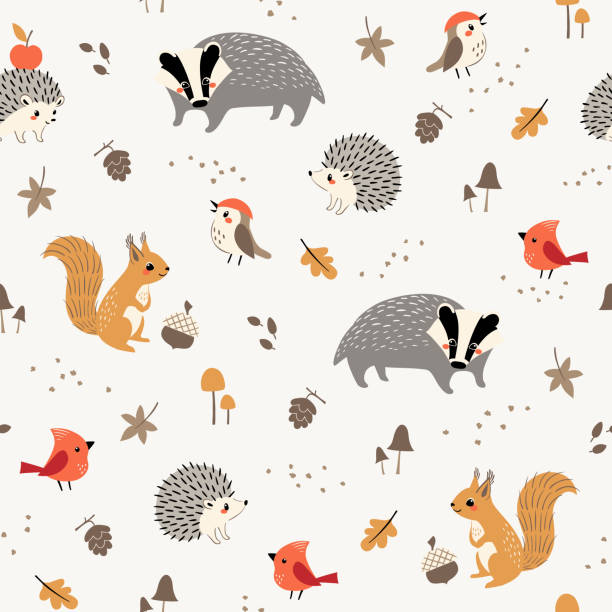 Cute little woodland animals and birds pattern Seamless pattern of cute woodland animals and birds with autumn floral elements hedgehog stock illustrations