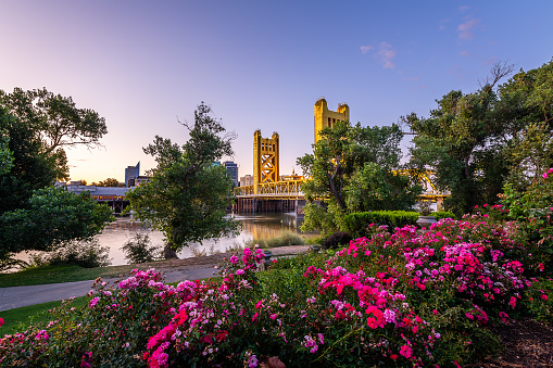 The sun rises over the historical landmarks of West Sacramento, California.