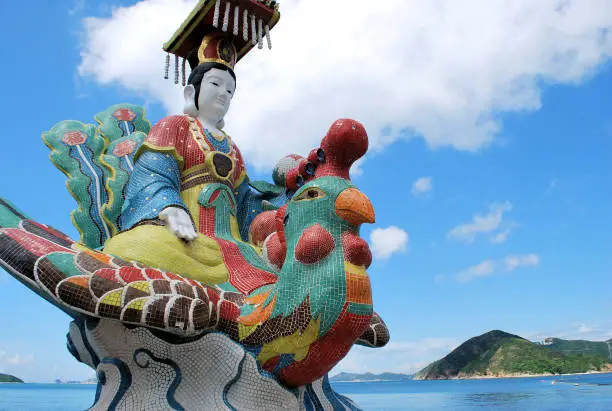 A very colorful and ornate Buddhist temple that is situated on Repulse Bay in Hong Kong.