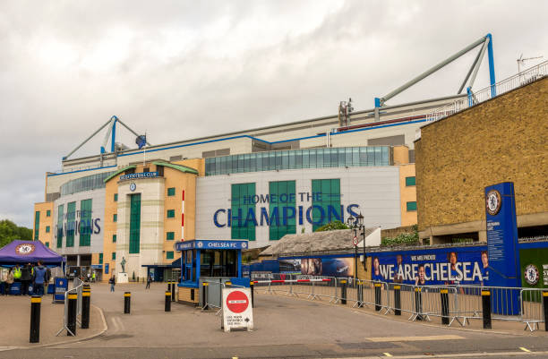 Entrance to Stamford Bridge stadium with a merchandising kiosk, London, England stock photo