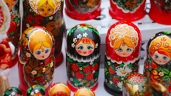 Russian wooden matryoshkas are on the table