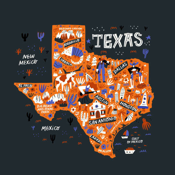 ilustrações, clipart, desenhos animados e ícones de ilustração desenhada do vetor da mão lisa do mapa alaranjado de texas. desenho infográfico do doodle do estado americano ocidental. marcos do texas, atrações e guia de cidades. cartão do curso dos eua, projeto do conceito do poster - estados da costa do golfo