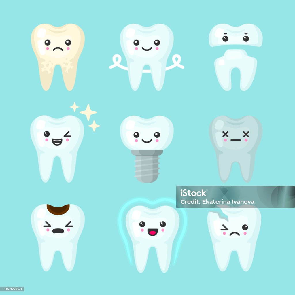 Cute Teeth Colorful Vector Set With Different Emotions Different Tooth  Conditions Stock Illustration - Download Image Now - iStock
