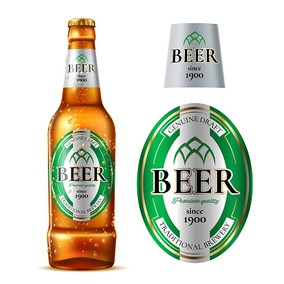 Realistic beer bottle with golden bubbles and label. Vector lager beer bottle for alcohol product advertising design. Fresh pub drink with green label.