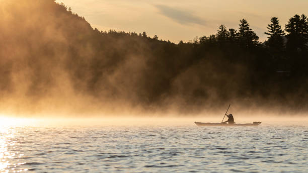 istock Kayaker paddling on a misty lake at sunrise 1167462370
