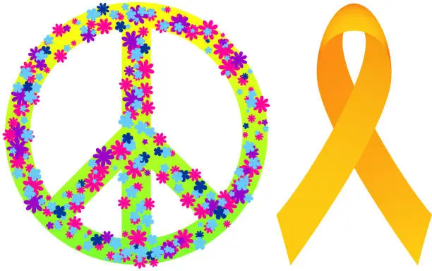 Vector illustration of floral peace sign and ribbon.