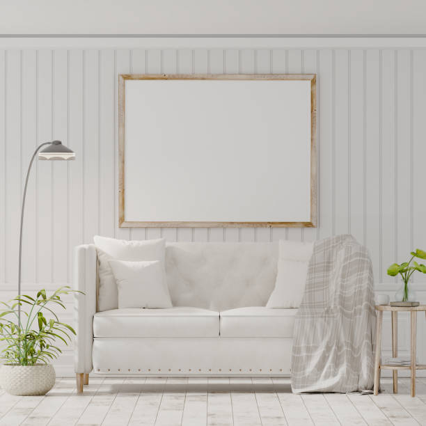 istock The interior has a White sofa on empty white wall background, Blank poster on white wall, 3D rendering 1167480347