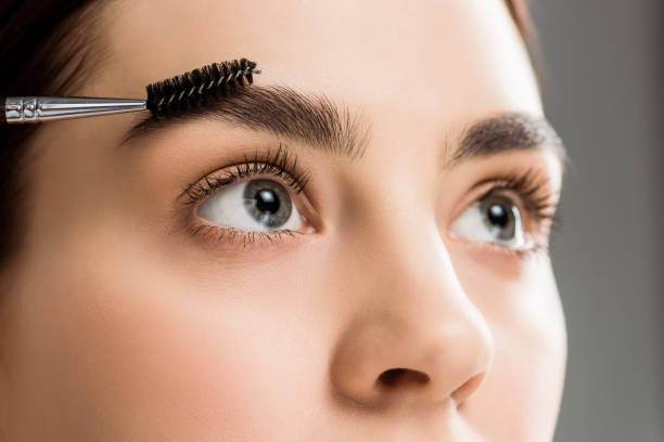 cropped view of young woman styling eyebrow with eyebrow brush on grey cropped view of young woman styling eyebrow with eyebrow brush on grey lash and brow comb stock pictures, royalty-free photos & images