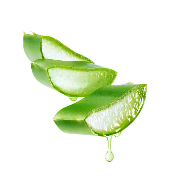 Aloe vera gel dripping from aloe vera slice isolated on white background