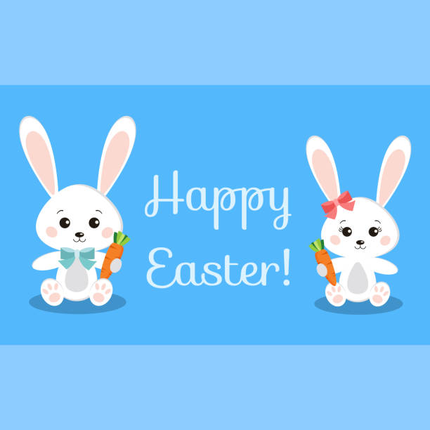 istock Happy Easter greeting card with funny rabbits holding carrot. 1167493223