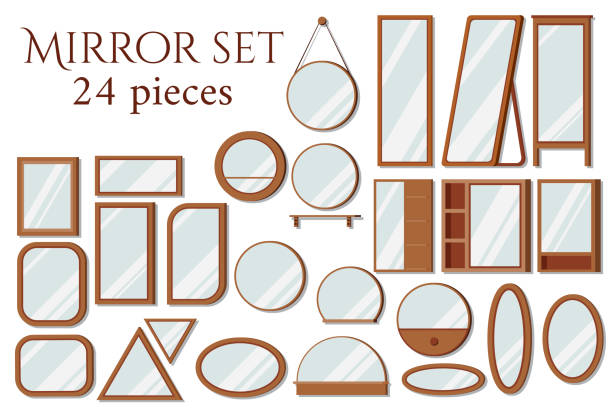 Set of vector wooden frames mirrors of various shapes round, square, oval, rectangular, floor. Set of vector wooden frames mirrors of various shapes round, square, oval, rectangular, floor and with shelves isolated on white background. Interior design elements. Flat catroon style illustration. vanity mirror stock illustrations