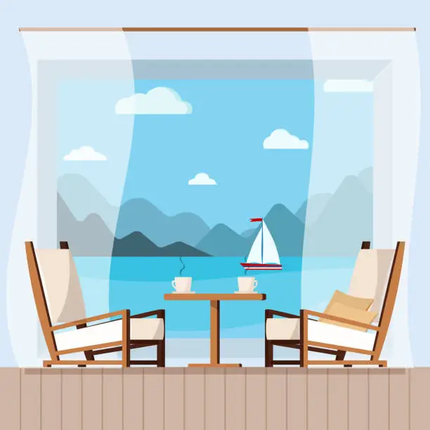 Vector illustration of Wooden table, cups of tea or coffee, curtain and chairs on the balcony with seascape.