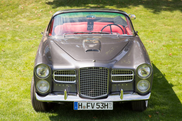 Front view of a rare French 1957 Facel Vega 6 HC Cabrio at Classic Days, Schloss Dyck, Germany. Jüchen, Germany - August 2019. Front view of a rare French 1957 Facel Vega 6 HC Cabrio at Classic Days, Schloss Dyck, Germany. 1950s racing car stock pictures, royalty-free photos & images