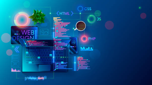 web-entwicklung, codierung und programmierung responsive layout-internet-site oder app von geräten. erstellung digitaler software mobile, desktop-plattformen. computercode auf laptop, tablet, telefon. konzept-banner. - schöpfung stock-grafiken, -clipart, -cartoons und -symbole