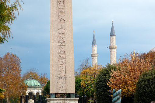 Sultanahmet District view with Obelisk of Theodosius in Istanbul, Turkey (The Obelisk of Theodosius is the Ancient Egyptian obelisk of Pharaoh Thutmose III in the Hippodrome of Constantinople in Istanbul, Turkey)