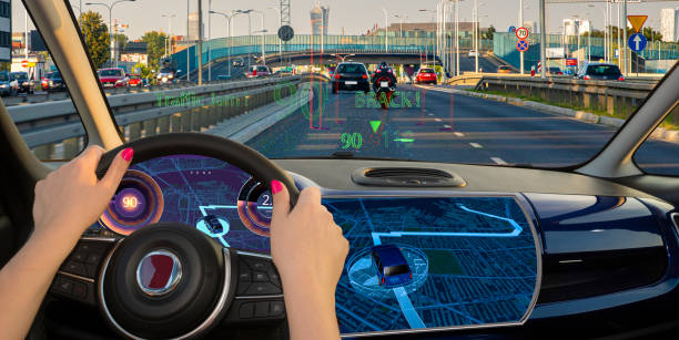 istock woman driving a car equipped with active safety systems and HUD 1167504319