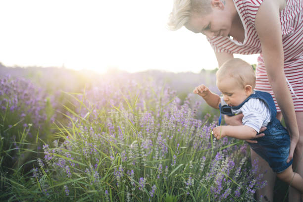 istock Happy mother with little son playing on lavender field 1167504340
