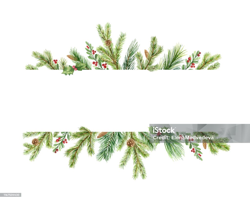 Drapeau de Noel de vecteur d'aquarelle avec des branches vertes de pin et lieu pour le texte. - clipart vectoriel de Noël libre de droits