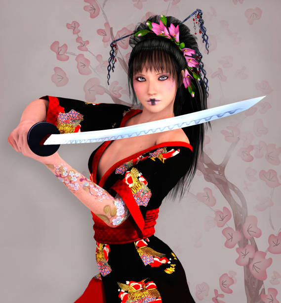 oriental lady wielding a sword - tattoo japanese culture women asian ethnicity imagens e fotografias de stock