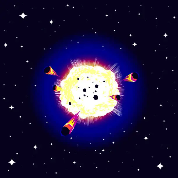 Vector illustration of Big Bang in the Space with pieces of the planet flying apart on the stars sky background