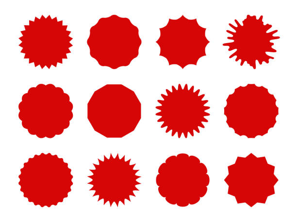 Starburst stickers. Star shaped sale banners, speech bubble stickers. Red explosion signs, promo price coupon tag vector isolated set Starburst stickers. Star shaped sale banners, speech bubble stickers. Red explosion signs, promo price coupon tag vector isolated burst shapes and silhouettes for offering, simple pricetag set seal stamp illustrations stock illustrations