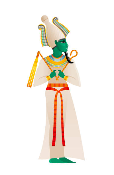 古埃及神奧西裡斯神,死亡和重生的王者與阿提夫冠綠色皮膚。3d 卡通平面向量插圖。舊壁畫繪畫藝術圖示。埃及奧西裡斯孤立在白色背景 - 死神 插圖 幅插畫檔、美工圖案、卡通及圖標